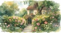 A charming house is nestled behind lush greenery and blooming rose bushes Royalty Free Stock Photo